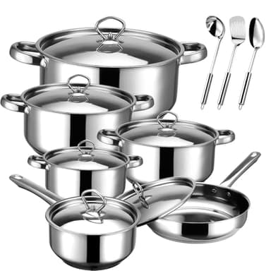 Hunnycook Topfset Induktion - 15-teilig, Starkbodig Edelstahl Töpfe Set, Inklusive Kochtöpfe, Bratpfanne und 3 Küchenhelfer, Feststehende Griffe, Geeignet für Alle Herdarten, Spülmaschinengeeignet