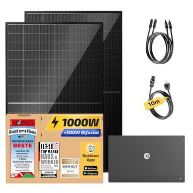 Solakon® 1000W Balkonkraftwerk mit Speicher - 1000 Watt komplett Steckdose & 800W Integrierten Hybrid-Wechselrichter - 2x 500W bifaziale Solarmodule & 2,11 kWh Solakon ONE Speicher für Balkonkraftwerk