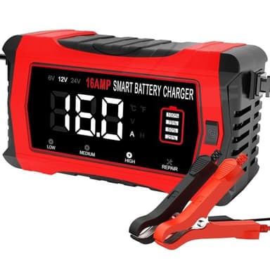 HTRC 16A Autobatterie Ladegerät, 6V/12V/24V Batterie Ladegerät für Auto LKW Motorrad Rasenmäher Boot Marine Batterien, Lithium, LiFePO4, Blei-Säure Ladegerät für AGM, Gel, EFB usw