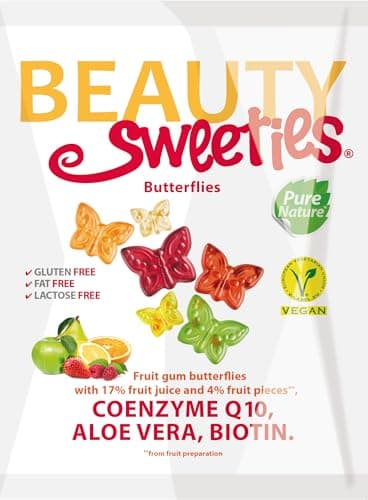 BeautySweeties Schmetterlinge 125 g | Fruchtig-süße & vegane Fruchtgummi-Schmetterlinge mit 17% Fruchtsaft und 4% Fruchtstückchen | Mit Coenzym Q1, Aloe Vera und Biotin | 1 x 125 g Beutel