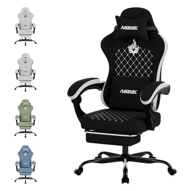NIONIK Gaming Stuhl Ergonomisch, Gaming-Sessel mit Fußstütze, Stoff Bürostuhl mit Lordosenkissen und Nackenkissen, Drehstuhl mit Rautenmuster und Flammen-Design, Schwarz