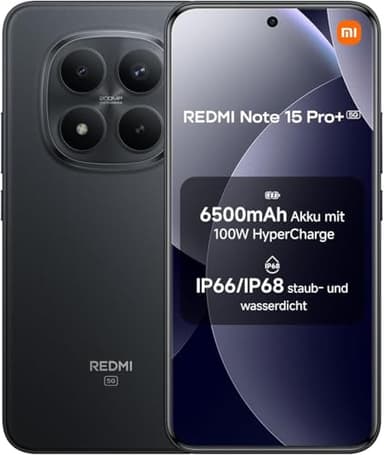XIAOMI Redmi Note 15 Pro+ 5G Smartphone 12+512 GB– 6500-mAh-Akku, IP66/IP68 Staub- und Wasserschutz, Neue 200-MP-Kamera, 6,83" AMOLED-Display, Schwarz