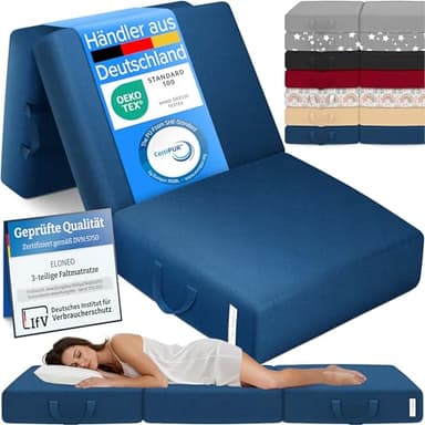 ELONEO Klappmatratze, Gästematratze, 3-teilige Faltmatratze, Schaumstoff extra dick (15cm), waschbar, Bandscheibenwürfel, klappbar, Faltbare Matratze, Erwachsene (Blau, 75 x 195 x 15 cm)