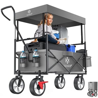 KESSER® Bollerwagen faltbar mit Dach Handwagen Transportkarre Gerätewagen klappbar mit 360° drehbare Vorder-Räder, Vorderrad-Bremse & Vollgummi-Reifen inkl. XXL Außen-Tasche, 2 Netztaschen & Abdeckung