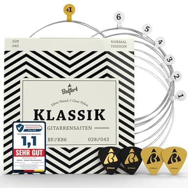 BELFORT® Gitarrensaiten Konzertgitarre, Saiten für klassische Gitarre aus Nylon und Silber, Akustikgitarre (6-Saiten Set) - Inkl. 4 Plektren + extra hoher E-Saite für Konzert Gitarren (Guitar Strings)