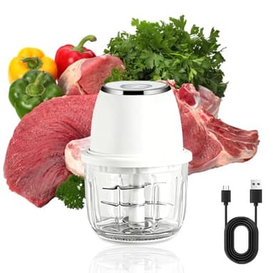 Zwiebel Zerkleinerer, Zerkleinerer Küche,350 ml,6 Edelstahlklingen,Mit Typ-C-Ladekabel für die heimische Küche und für Campingausflüge,Geeignet zum Zerkleinern von Fleisch,Zwiebeln,Paprika (Weiß)
