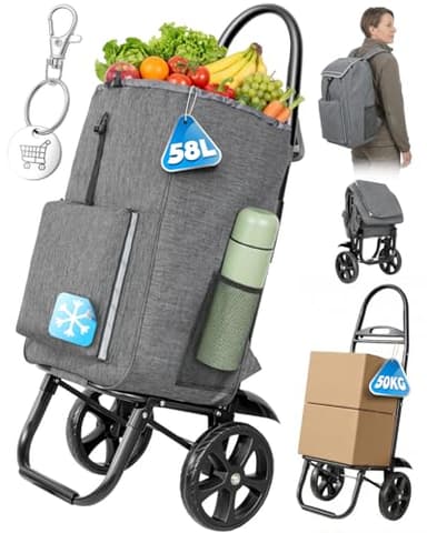 Homecall Einkaufstrolley Klappbar Einkaufswagen mit 50L + 5L kühlfunktion Bis 50KG, Einkaufstasche mit Rollen 3 in 1 Shopping Trolley & Sackkarre & Rucksack (Dunkelgrau)