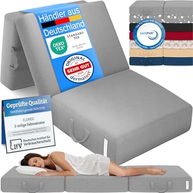 ELONEO Klappmatratze, Gästematratze, 3-teilige Faltmatratze, Schaumstoff extra dick (15cm), waschbar, Bandscheibenwürfel, klappbar, Faltbare Matratze, Erwachsene (Grau, 90 x 200 x 15 cm)