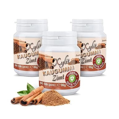 Xylit Kaugummi - Tschüß Karies: 240 zuckerfreie Zahnpflegekaugummi - 100% Xylit, ohne Aspartam, vegan - angenehmer Atem & frischer Mund - Zimt-Geschmack (3 Dosen)