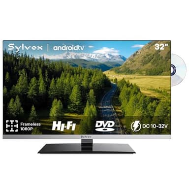 SYLVOX 32 Zoll Smart TV für Wohnmobile, Buit in DVD Player, Android TV Sat Satellite Decoder, 12 Volt für Campervan Truck 1080P FHD, Support WiFi Bluetooth, 2 HDMI & 2 USB, Frameless Design