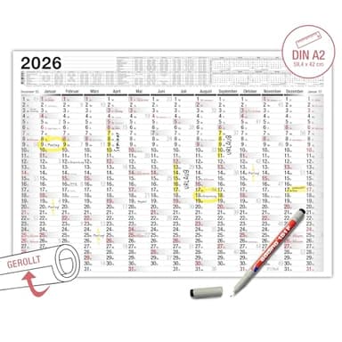 TOBJA Abwischbarer Wandkalender 2026 A2 inkl. Markenstift | Kalender 2026 A2, gerollt versendet, 14 Monate | Jahreskalender mit Ferien 2026 | 250g/m² Papier