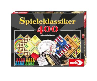 Noris Spieleklassiker mit 400 Spielmöglichkeiten wie Yatzy, Mikado, Mühle, Dame, Backgammon oder Nur keine Aufregung, für 1 bis 6 Spieler ab 6 Jahren