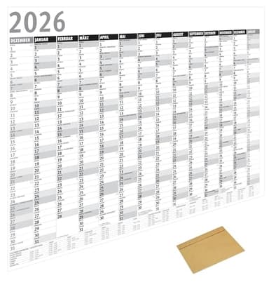 MARZEI24® Din A1 Wandkalender für 2026, 14 Monate, Jahreskalender Monatsübersicht, (84,1 cm x 59,4 cm),Planer Termine, für Büro usw. Jahresplaner, Monatsplaner, Familienkalender, Kalender gefaltet