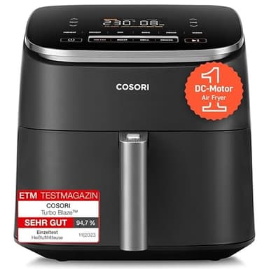 Cosori Turboblaze Airfryer Heißluftfritteuse, 9-in-1 Air Fryer XXL 6L, leiser DC Motor mit 5 Geschwindigkeitsstufen, Grillen, Backen, Gären, Dehydrieren, Tiefkühlen, 87 Rezepte, 64% energiesparend