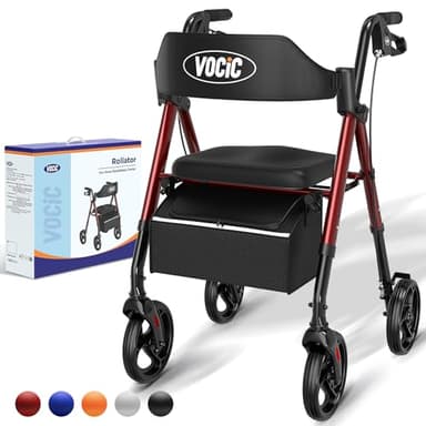 VOCIC Rollator Faltbar und Leicht mit Sit,Rollatoren Schmal für Wohnung,Rollatoren für Senioren Klappbar mit 20cm Reifen für All Gelände,Sitz und Griff Höhenverstellbar,5 Jahre Support|Dunkelrot