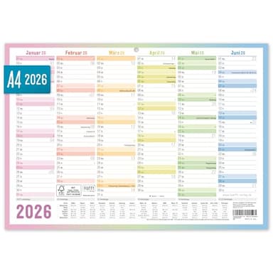 Häfft® Premium Tafelkalender 2026 A4 quer mit Ferien & Feiertagen, 850g/m² Karton - Jahresplaner, Wandkalender, Jahreskalender "Rainbow" - nachhaltig & klimafreundlich