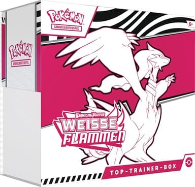 Pokémon-Sammelkartenspiel: Top-Trainer-Box Karmesin & Purpur – Weiße Flammen: Reshiram (1 Vollbild-Promokarte mit Boreos, 9 Boosterpacks & Zubehör)
