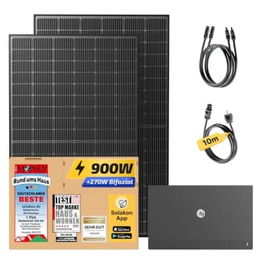 Solakon® 900W Balkonkraftwerk mit Speicher - Balkonkraftwerk 800W komplett Steckdose - 2kWh Solakon ONE Speicher mit 800 Watt Integrierten Hybrid-Wechselrichter - 450W bifaziale Solarmodule