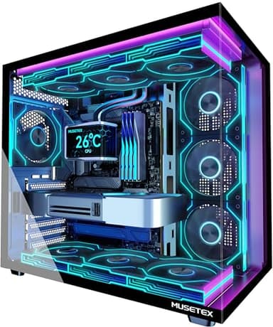 MUSETEX Y6 PC Gehäuse Vorinstallation 7 Infinity Mirror PWM ARGB-Lüfter, ATX Mid Tower Computer Gehäuse, Gaming PC Gehäuse mit Type-C, 270° Full View Tempered Glass, Schwarz