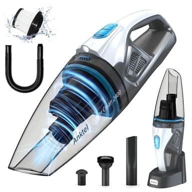 Anktel Handstaubsauger mit Ladestation& LED Beleuchtung -PowerClean 2400- Handstaubsauger Akku Kabellos Nass&Trocken Handsauger mit Waschbar HEPA-Filter Beutellos per Auto, Haus