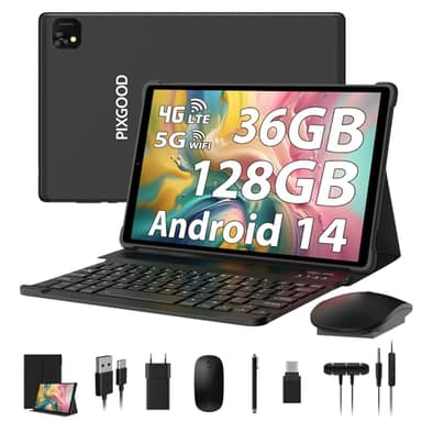 PIXGOOD 10 Zoll Android Tablet 4G LTE und 5G WiFi, 36 GB RAM, 128 GB ROM (1 TB erweiterbar), Octa-Core, INCELL 1980 * 1200, 13 MP+8 MP, Tablet mit Tastatur-GPS/Bluetooth (Schwarz)