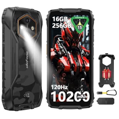 Ulefone RugKing 4 Pro Outdoor Handy Android 15 AI Rugged Smartphone, 10200mAh Akku 16GB+256GB/SD-2TB, Octa-Core 48MP 6.56 Zoll 120Hz, 120LM Super-Fackel/3 Kartenfächer/IP68/IP69K/OTG/NFC/GPS Schwarz