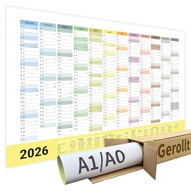 XXL Jahreskalender Wandkalender 2026 | Gerollt verpackt ohne Knicke | Kalender | deutsche Feiertage + Ferien | Platz für Geburtstage Termine (Jahresplaner 2026 | DIN A0 (84,1 cm x 118,9 cm), 1 Stück)