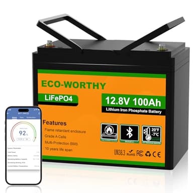 ECO-WORTHY LiFePO4 12V 100Ah Bluetooth mit 100A BMS Low Temperature Schutz und Max. 15000 Zyklens,1280Wh Lithium Batterie 12V 100Ah Autobatterie für Wohnmobil,Wohnwagen,Boot