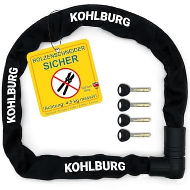 KOHLBURG massives Kettenschloss 125cm lang [Bolzenschneider-sicher] mit höchstem Level 15 - Schloss für Motorrad Scooter E Bike E Roller & Fahrrad - Motorradschloss & Fahrradschloss hohe Sicherheit