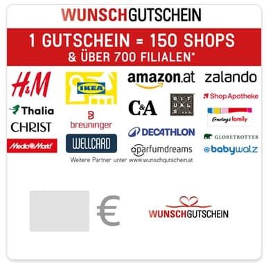 WUNSCHGUTSCHEIN Geschenkkarte - 150 Einlösepartner - für Österreich - per E-Mail