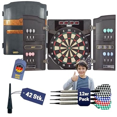 Best Sporting Dartscheibe elektronisch Oxford 2.0 I elektronische Dartscheibe mit LED-Anzeigen I E-Dartscheibe mit 12 Dartpfeilen & Ersatzspitzen I Dartboard Kabinett mit Walnuss-Optik