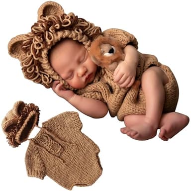 Xanewza Neugeborenes Fotografie Outfits Baby Häkeln Gestrickt Fotoshooting Requisiten Löwe Kostüm Set Für Baby Junge Mädchen Strickoverall + Gestrickte Löwenmütze
