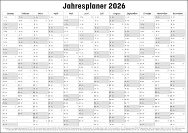 Jahresplaner für 2026 in den Größen A4 (210x297mm) A3 (297x420mm) A2 (420x594mm) A1(594x841mm) Wandplaner mit viel Platz für Beschriftungen wie Geburtstage und Termine (DIN A4 (210x297mm))