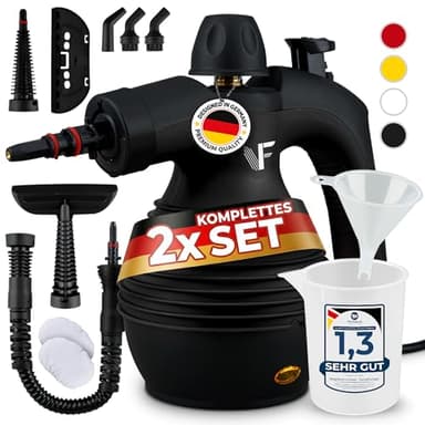 Neighbour's Friend® Dampfreiniger Neues Modell 2er Set– Leistungsstarker Hand Steam Cleaner, 3,5 Bar Druck, 4m Kabel, 350ml Tank I Handdampfreiniger für Auto, Werkstatt, Haushalt & Fensterreinigung