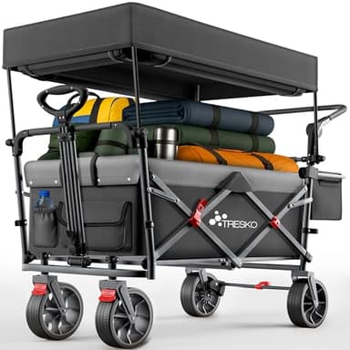 TRESKO® Bollerwagen Faltbar mit Dach, Kühlfach & Seitenrollos | Handwagen max. belastbar bis 150kg | Transportwagen mit Vollgummireifen & Feststellbremsen (Vorne & Hinten) und 3-Punkt-Gurt (Schwarz)