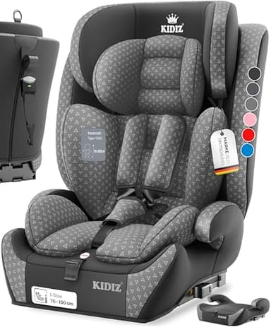 KIDIZ® Autokindersitz mit Isofix i-Size R129 100-150cm bis 12 Jahre, Kinderautositz Gruppe 1/2/3, mitwachsender Kindersitz, 5-Punkt-Gurt, höhenverstellbare Kopfstütze, Sitzerhöhung Auto, Grau