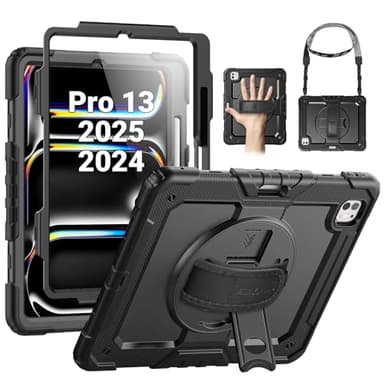SEYMAC Hülle für iPad Pro 13 Zoll M5/M4 (2025/2024), für iPad Pro 13 Hülle, Schutzhülle mit 360° Drehbarer Ständer/Handschlaufe, Verstellbarer Schultergurt, Displayschutzfolie, Stifthalter, Schwarz