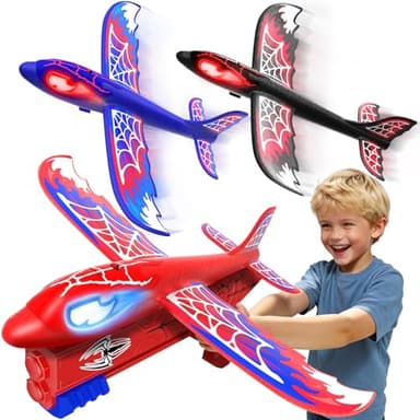 Flugzeug Spielzeug Launcher mit 3 Styropor Flugzeuge Leuchtend Augen & Spinnennetz Flügel,S-pider Outdoor Spielzeug Kinder Garten Spiele ab 3-12 Jahre Geschenk Jungen 3 4 5 6 7 8 9Jahre Ostergeschenke