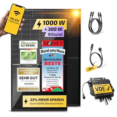Solakon 1000W Balkonkraftwerk - Balkonkraftwerk 800W komplett Steckdose - neuester 800 Watt Wechselrichter - Solaranlage Komplettset, 500W bifaziale Solarmodule inkl Zubehör - 5m Kabel, Ohne Halterung