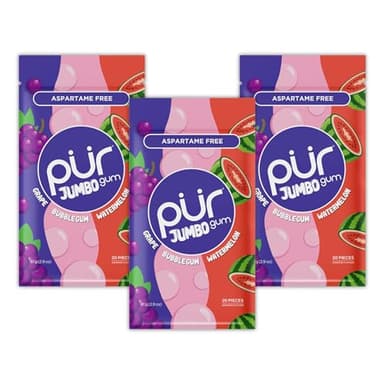 PUR Jumbo Gum | Aspartamfreier Kaugummi | Mit Xylit | Natürlicher Bubblegum, Grape, Watermelon Geschmack, 20 Stück (3er Pack)
