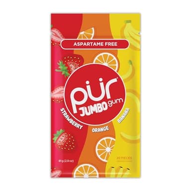 PUR Jumbo Gum | Aspartamfreier Kaugummi | Mit Xylit | Natürlicher Strawberry, Banana, Orange Geschmack, 20 Stück (1er Pack)