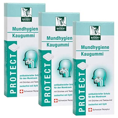 BADERs PROTECT Mundhygiene Kaugummi aus der Apotheke. Antibakterieller Schutz für den Mundraum mit Teebaumöl, Grüntee und Xylit. 3 x 20 Kaugummi-Quadrate